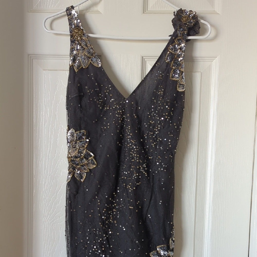 Monique Lhuillier Black and Gold Embellished Mini Dress